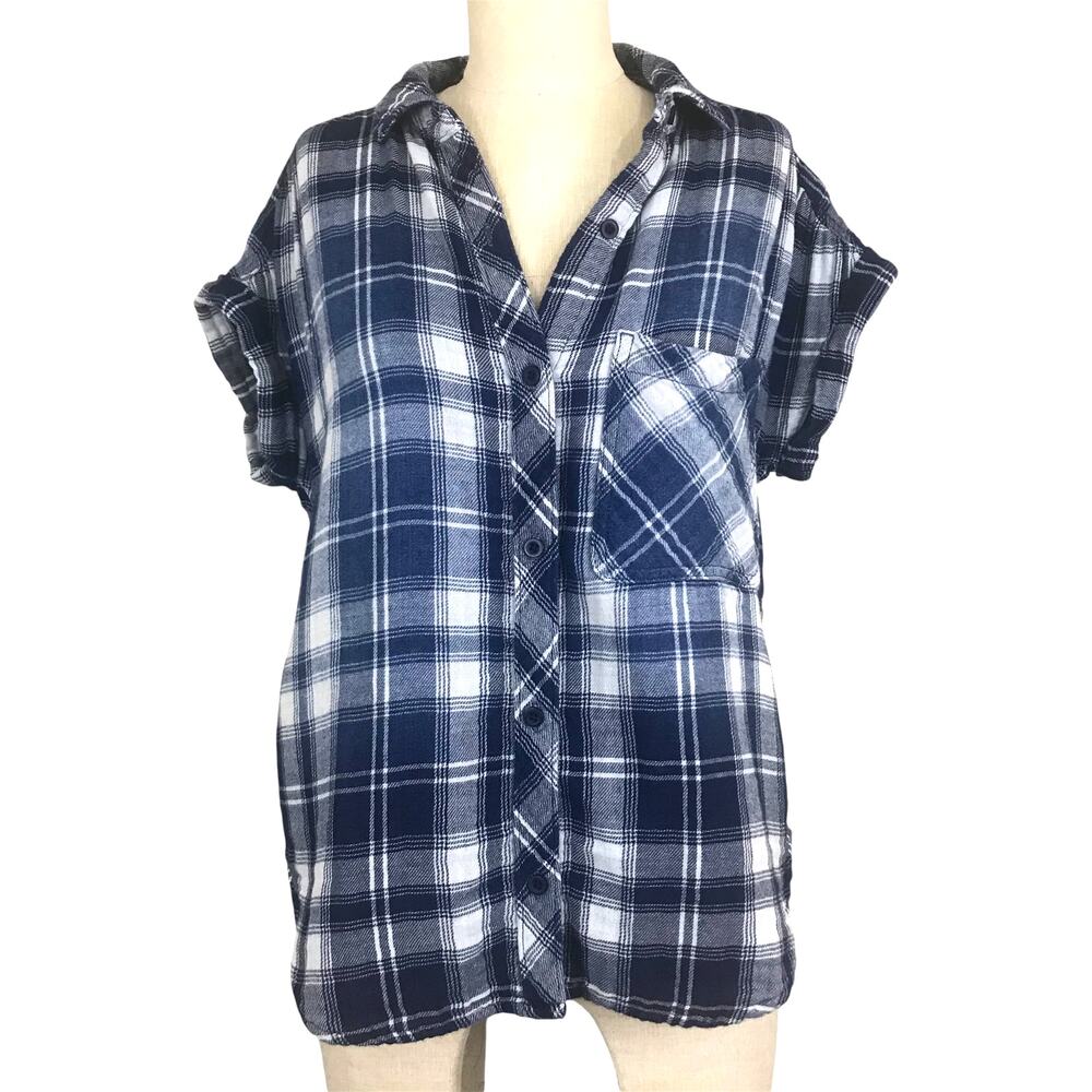 Cloth & Stone Ombre Plaid Button Down Shirt Blue White Short Sleeve Women's Sz S